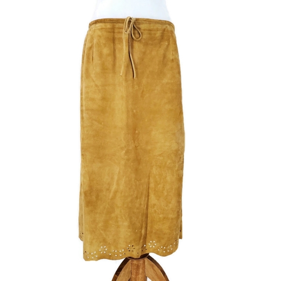 Ann Taylor Dresses & Skirts - Ann Taylor Italian Leather Suede Lazer Cut Boho Flower Power Midi Length Skirt M